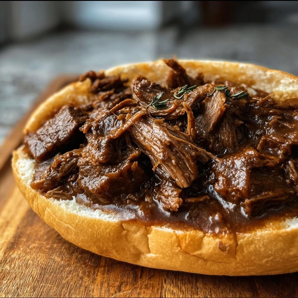Delicious Slow Cooker Beef Manhattan Sandwich on a bun, topped with gravy and herbs.
