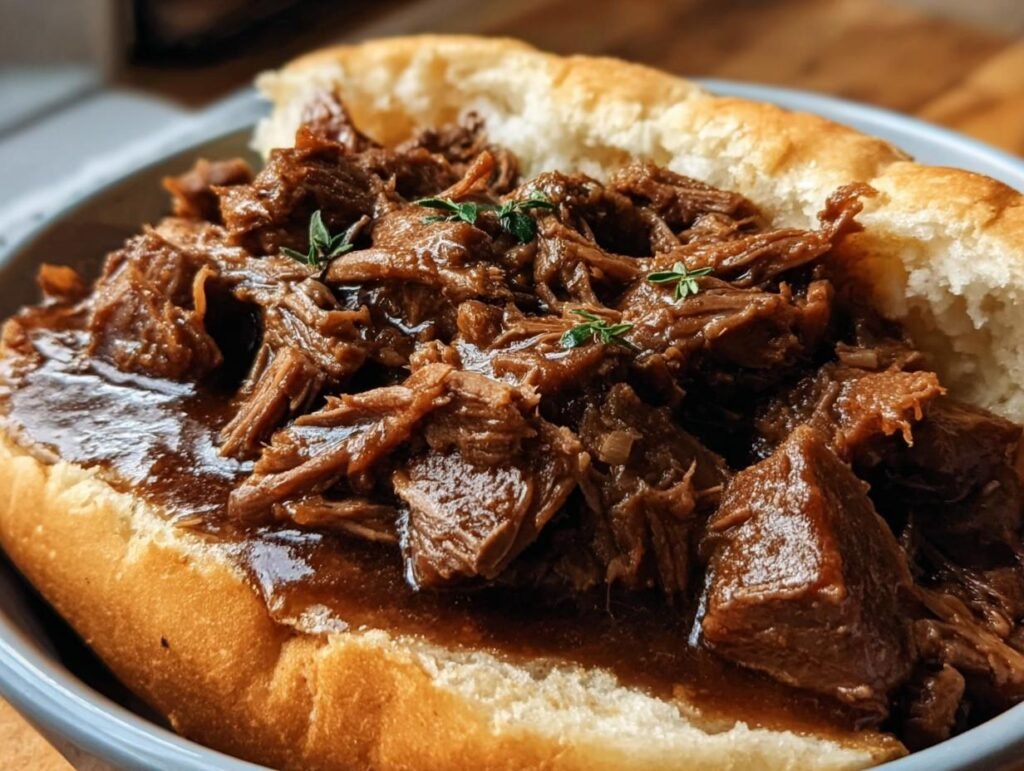 Close-up of a Slow Cooker Beef Manhattan Sandwich, featuring tender beef and gravy on a bun.