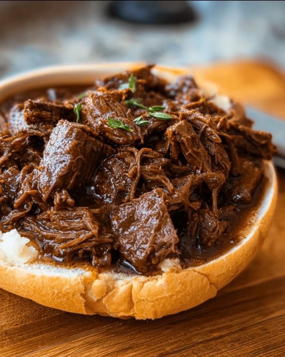 Close-up of a Slow Cooker Beef Manhattan Sandwich, featuring tender beef and gravy on a bun.