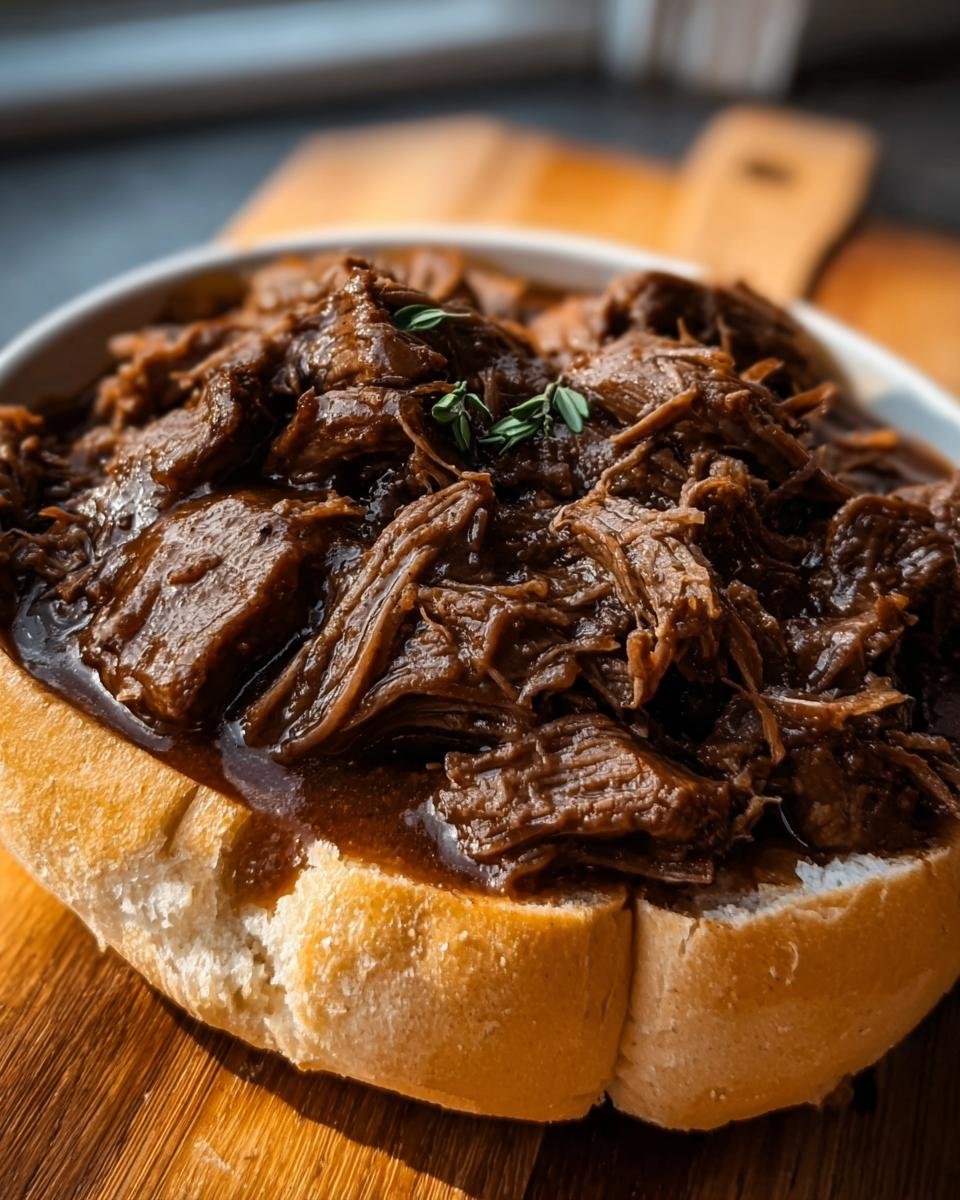Close-up of a Slow Cooker Beef Manhattan Sandwich, featuring tender beef on bread with gravy and herb garnish.