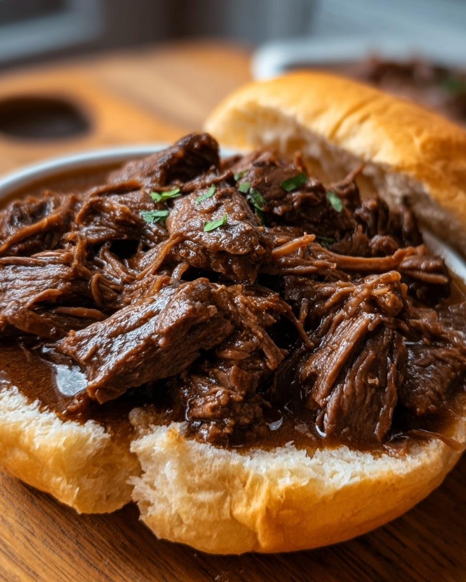 Close-up of a Slow Cooker Beef Manhattan Sandwich with shredded beef and gravy on a bun, garnished with parsley.
