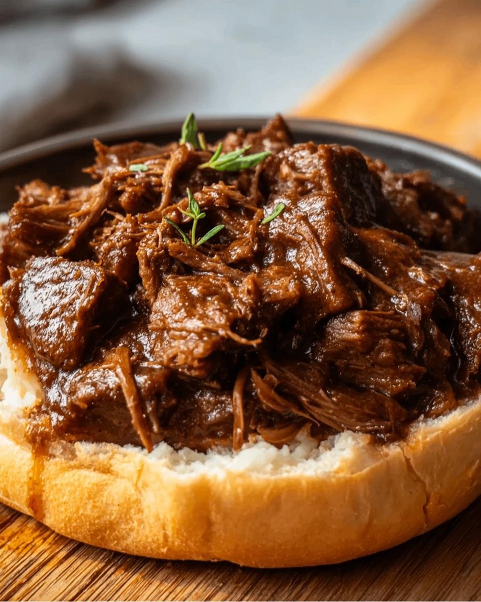 Close-up of a Slow Cooker Beef Manhattan Sandwich, featuring tender beef on a bun, garnished with herbs.