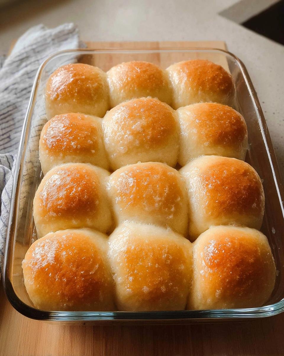 A close-up of golden brown Sourdough Dinner Rolls Bakery Style baked together in a glass dish.