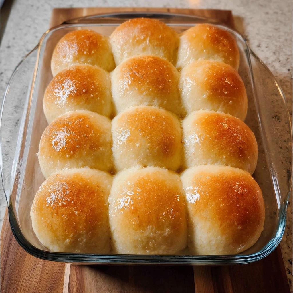 Twelve golden-brown Sourdough Dinner Rolls Bakery Style baked together in a glass dish and brushed with butter.