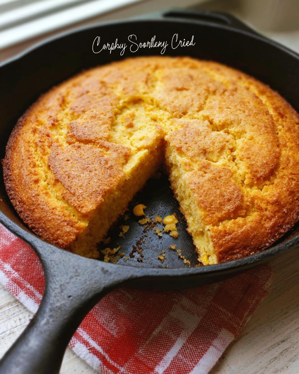 A golden-brown Southern Cornbread Cast Iron with one slice removed, sitting on a red and white checkered cloth.