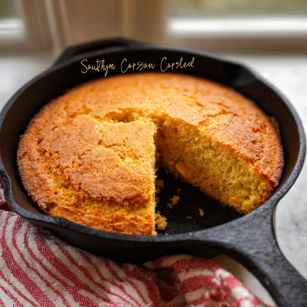 A golden-brown slice cut from fresh Southern Cornbread Cast Iron, resting in the black skillet.