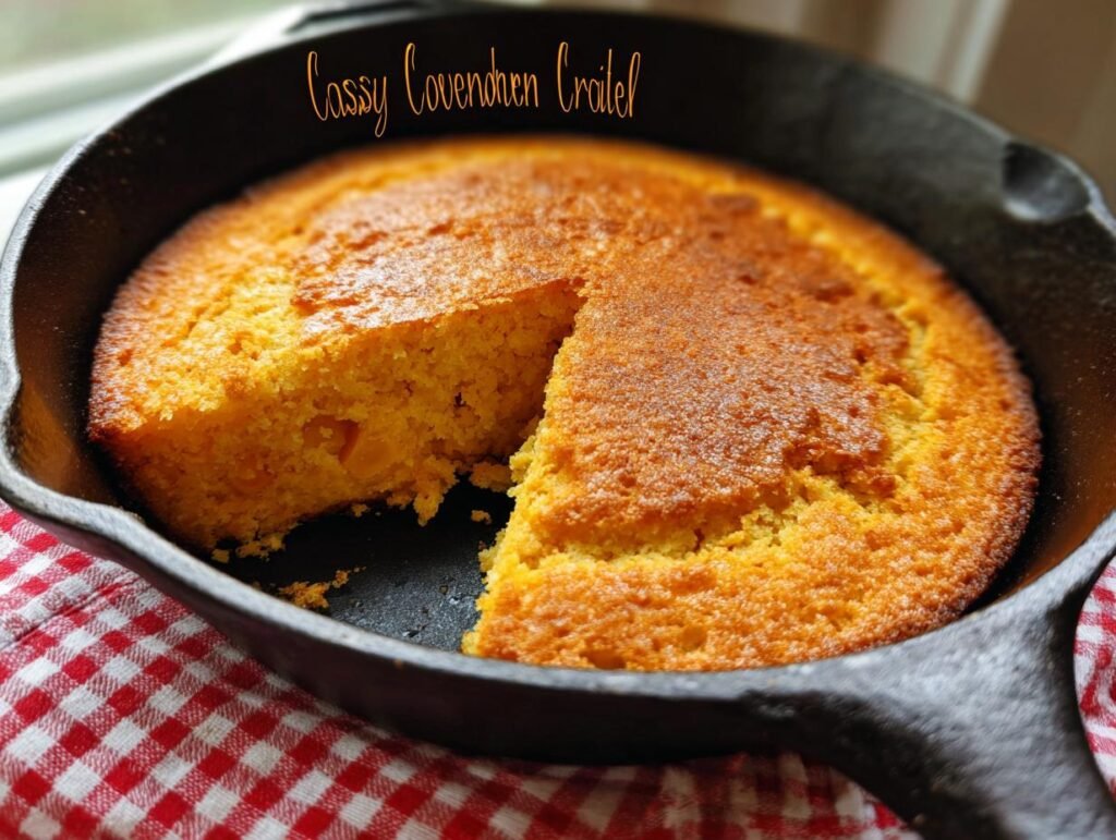 A golden brown Southern Cornbread Cast Iron baked in a black skillet with one slice removed.