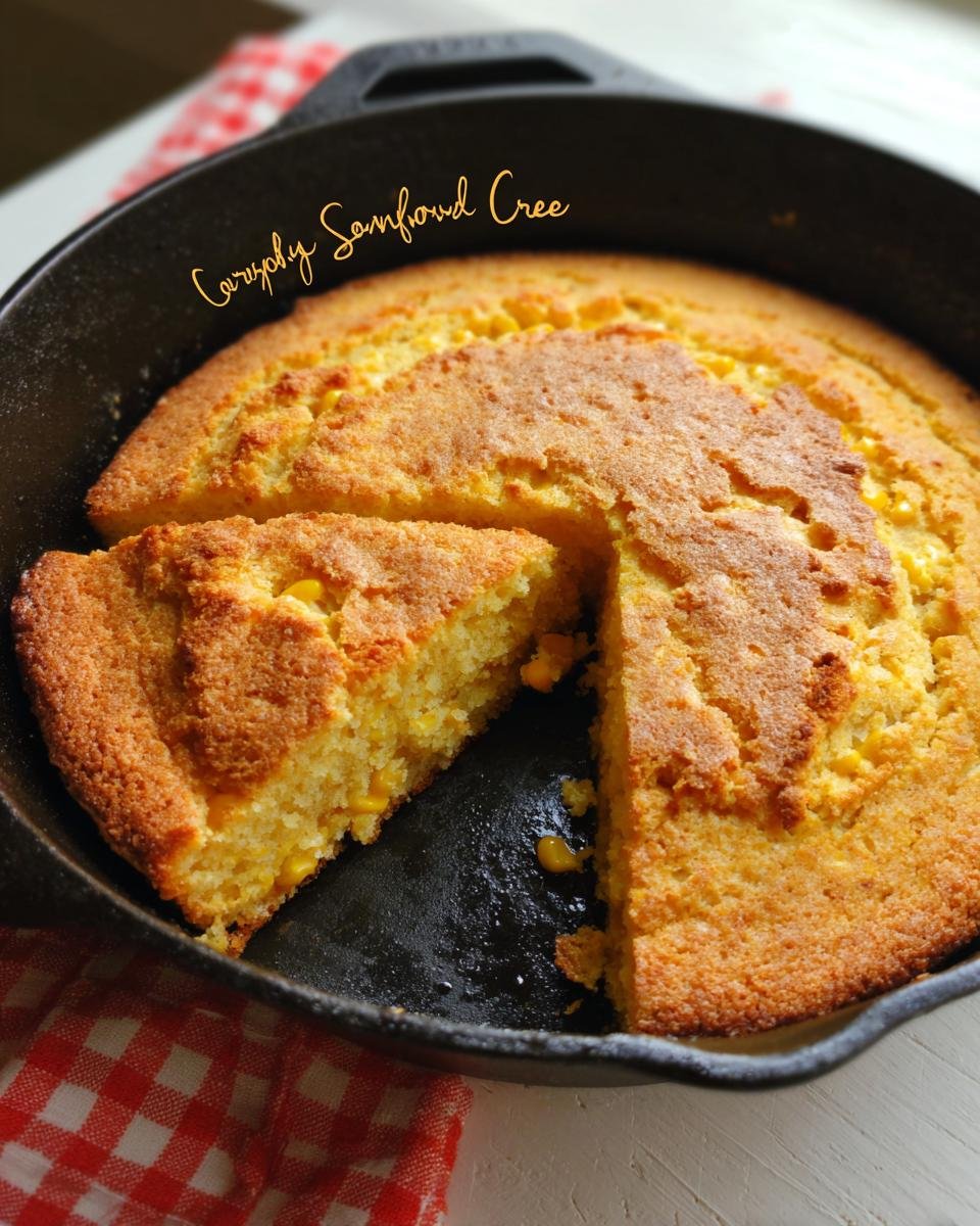 Golden brown Southern Cornbread Cast Iron baked in a black skillet with one slice cut out.