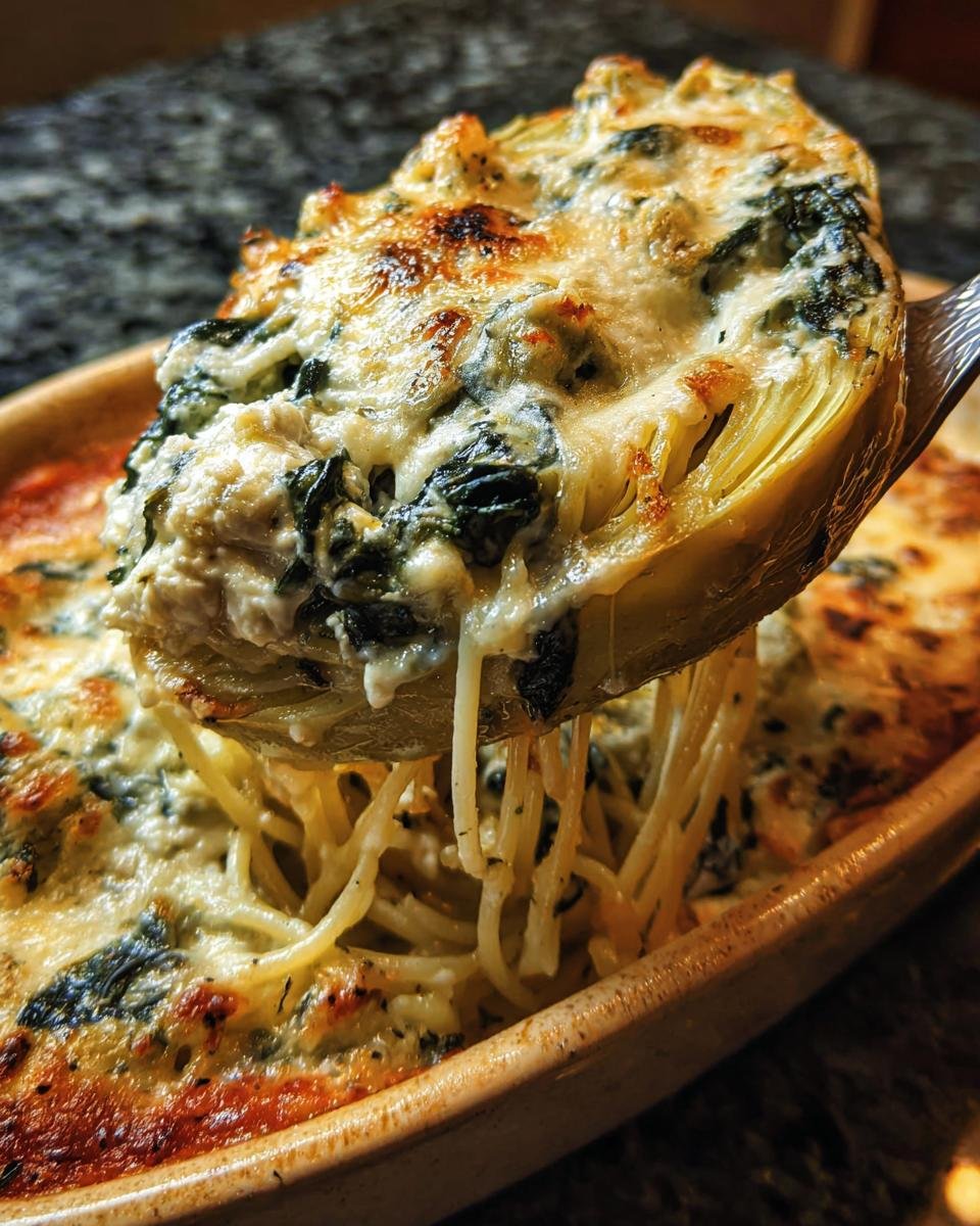 Close-up of Spinach and Artichoke Stuffed Spaghetti being lifted with a spoon, showcasing the creamy filling and pasta.