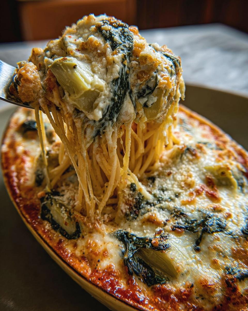 Close-up of Spinach and Artichoke Stuffed Spaghetti being lifted with a fork, showing creamy sauce and pasta.