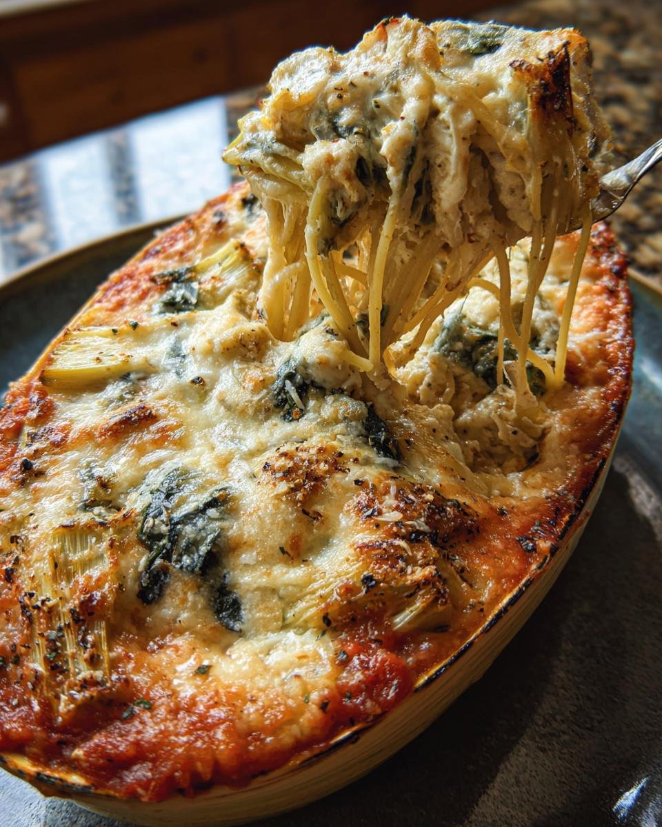 Close-up of Spinach and Artichoke Stuffed Spaghetti squash being lifted with a fork, showing the creamy filling and baked squash.