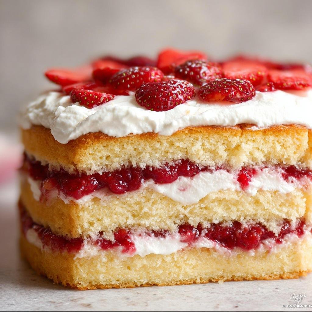 Cross-section of a delicious Strawberry Shortcake Layer Cake showing layers of sponge cake, cream, and strawberry filling.