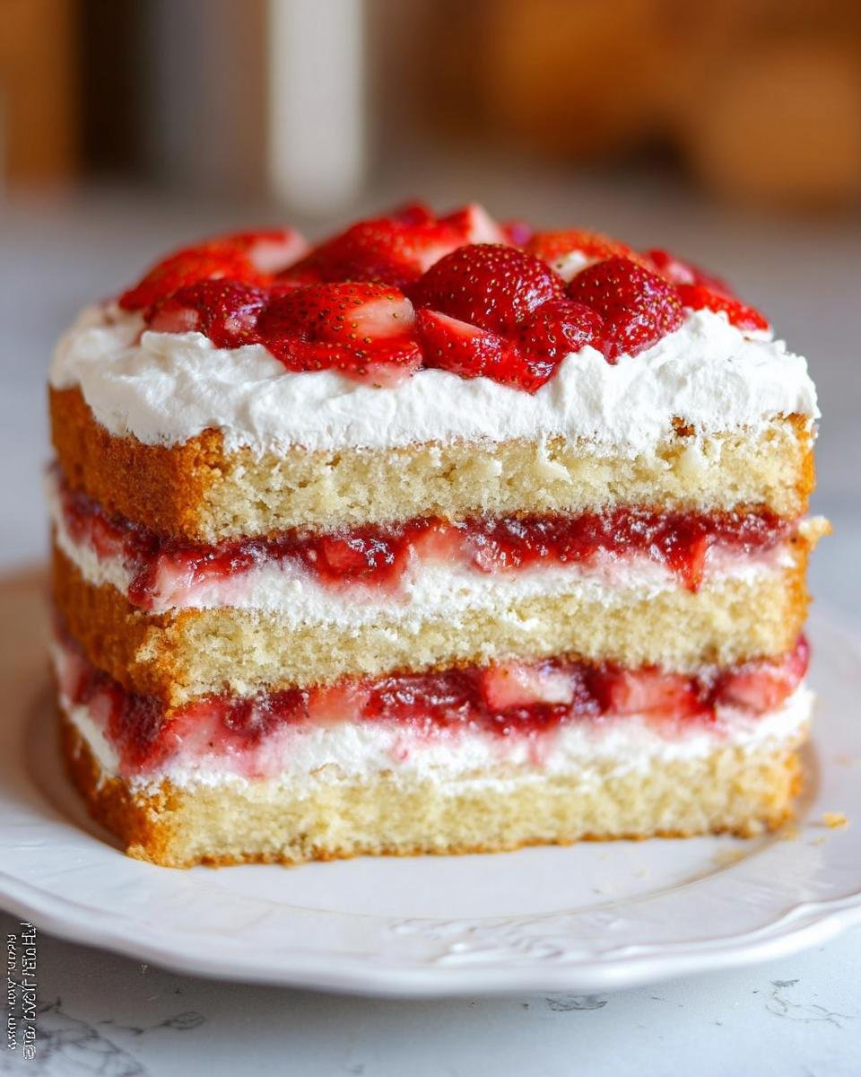 Close-up of a slice of Strawberry Shortcake Layer Cake showing three layers of sponge cake, whipped cream, and macerated strawberries.