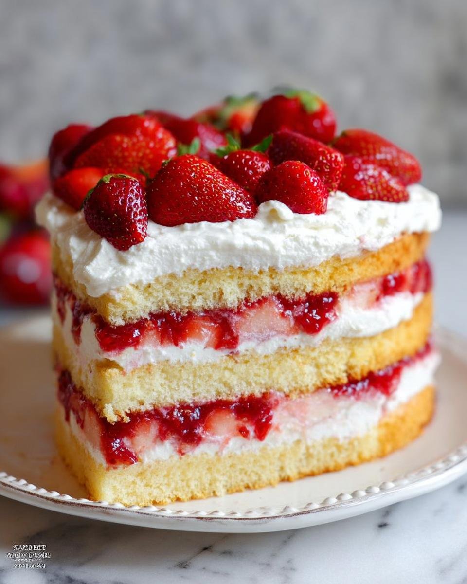 A tall slice of Strawberry Shortcake Layer Cake showing three layers of sponge cake, whipped cream, and strawberry filling.