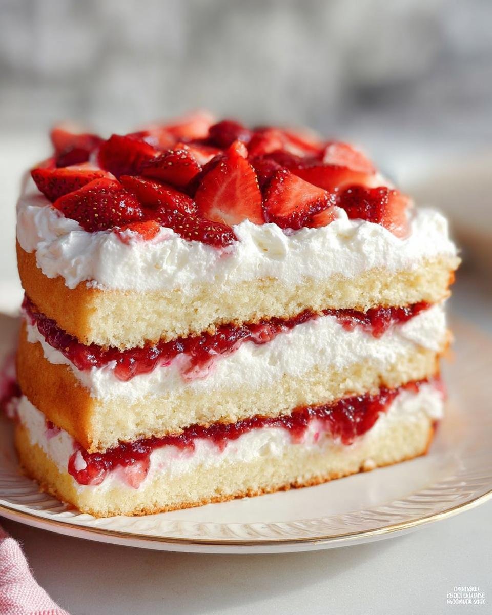 A close-up slice of Strawberry Shortcake Layer Cake showing three layers of sponge cake, whipped cream, and strawberry filling.