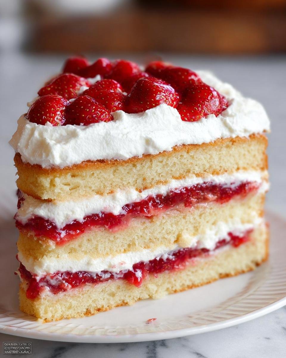 A tall slice of Strawberry Shortcake Layer Cake showing three layers of sponge cake, whipped cream, and strawberry filling.