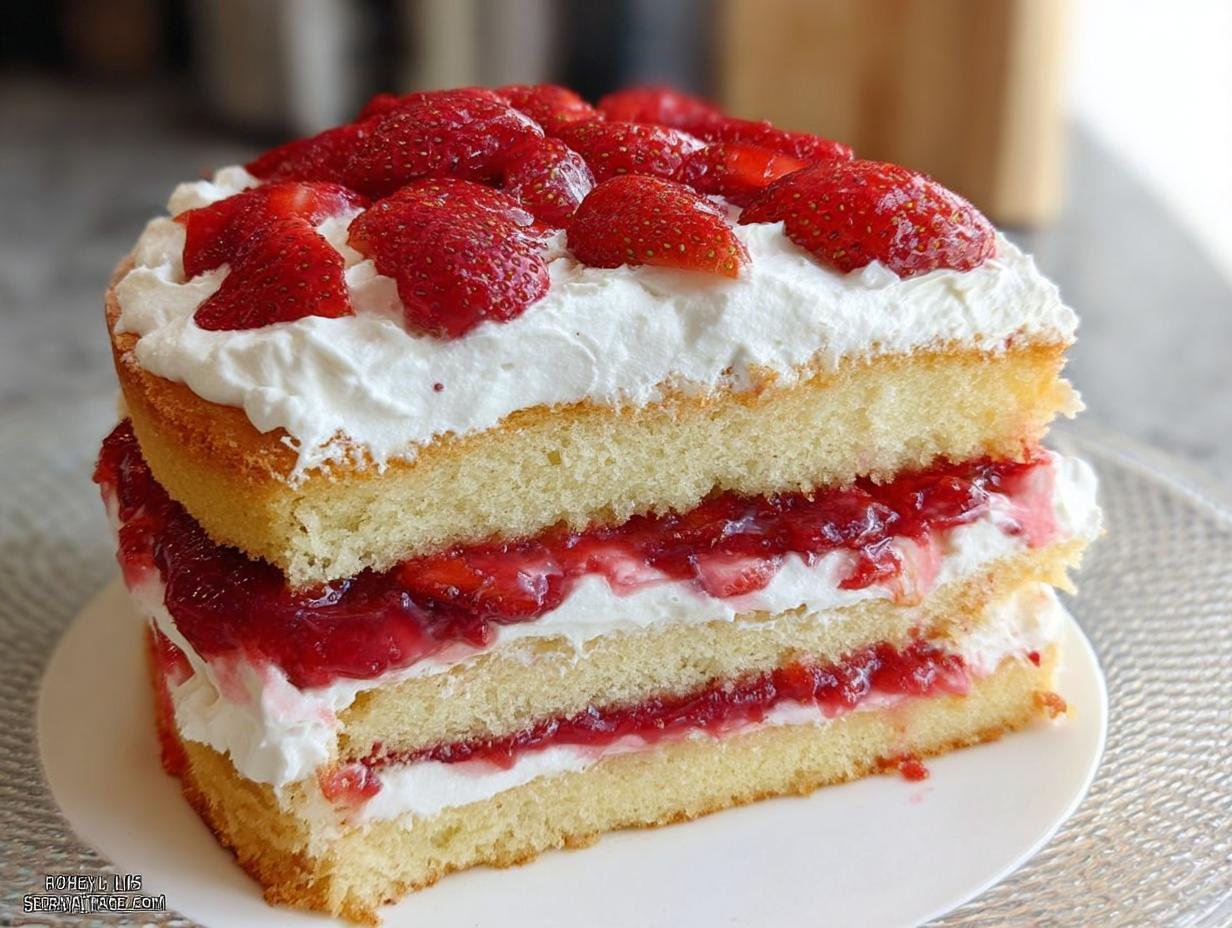 A tall slice of Strawberry Shortcake Layer Cake showing layers of sponge cake, whipped cream, and strawberry filling.