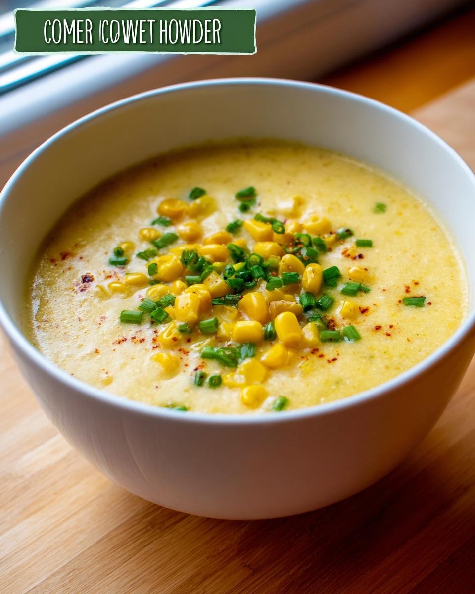 Close-up of a bowl of creamy Sweet Corn Chowder One Pot, topped with whole corn kernels and chopped chives.