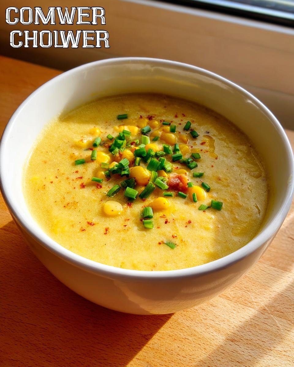 A close-up of a creamy yellow Sweet Corn Chowder One Pot, garnished with fresh chives and corn kernels.