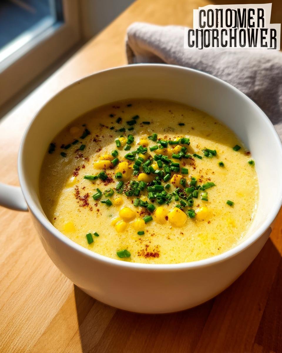 A close-up of creamy Sweet Corn Chowder One Pot, garnished with whole corn kernels and fresh chives.