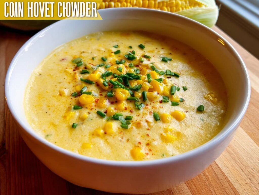 A creamy bowl of Sweet Corn Chowder One Pot garnished with fresh corn kernels and chopped chives.