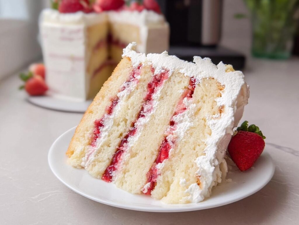A generous slice of layered vanilla cake with strawberry filling and white frosting, next to a fresh strawberry.
