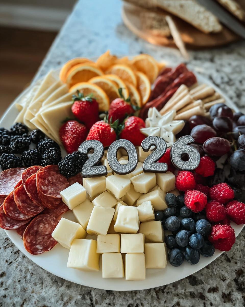 A festive charcuterie board featuring cheese cubes, salami, berries, and '2026' decorations, perfect for New Years Eve Appetizers.