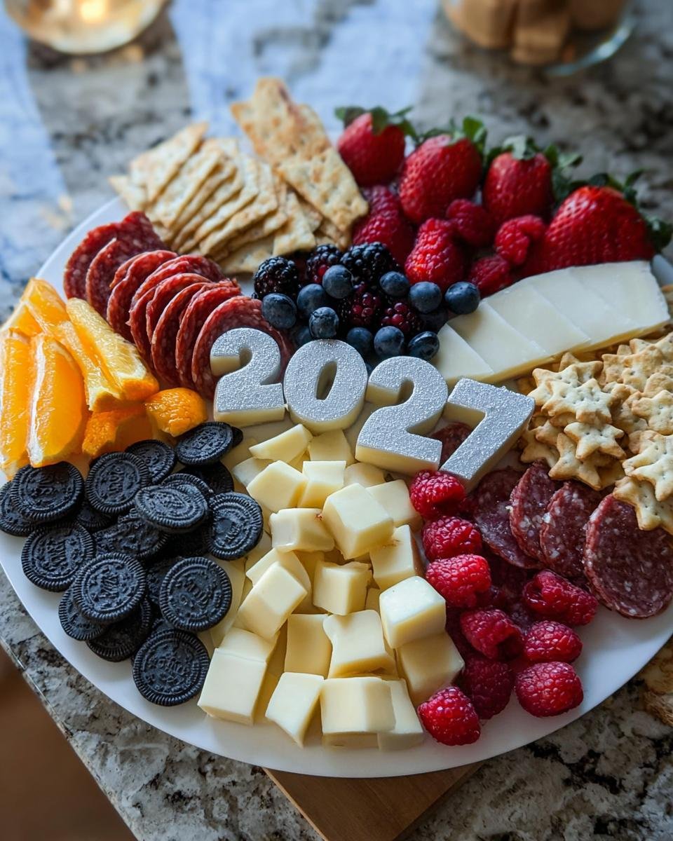A festive platter featuring New Years Eve appetizers, including cheese, fruit, crackers, and silver '2027' numbers.