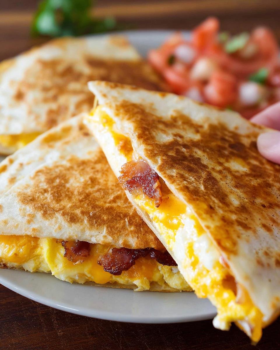Close-up of a hand lifting a wedge of Bacon Egg Cheese Breakfast Quesadillas showing melted cheese and bacon.