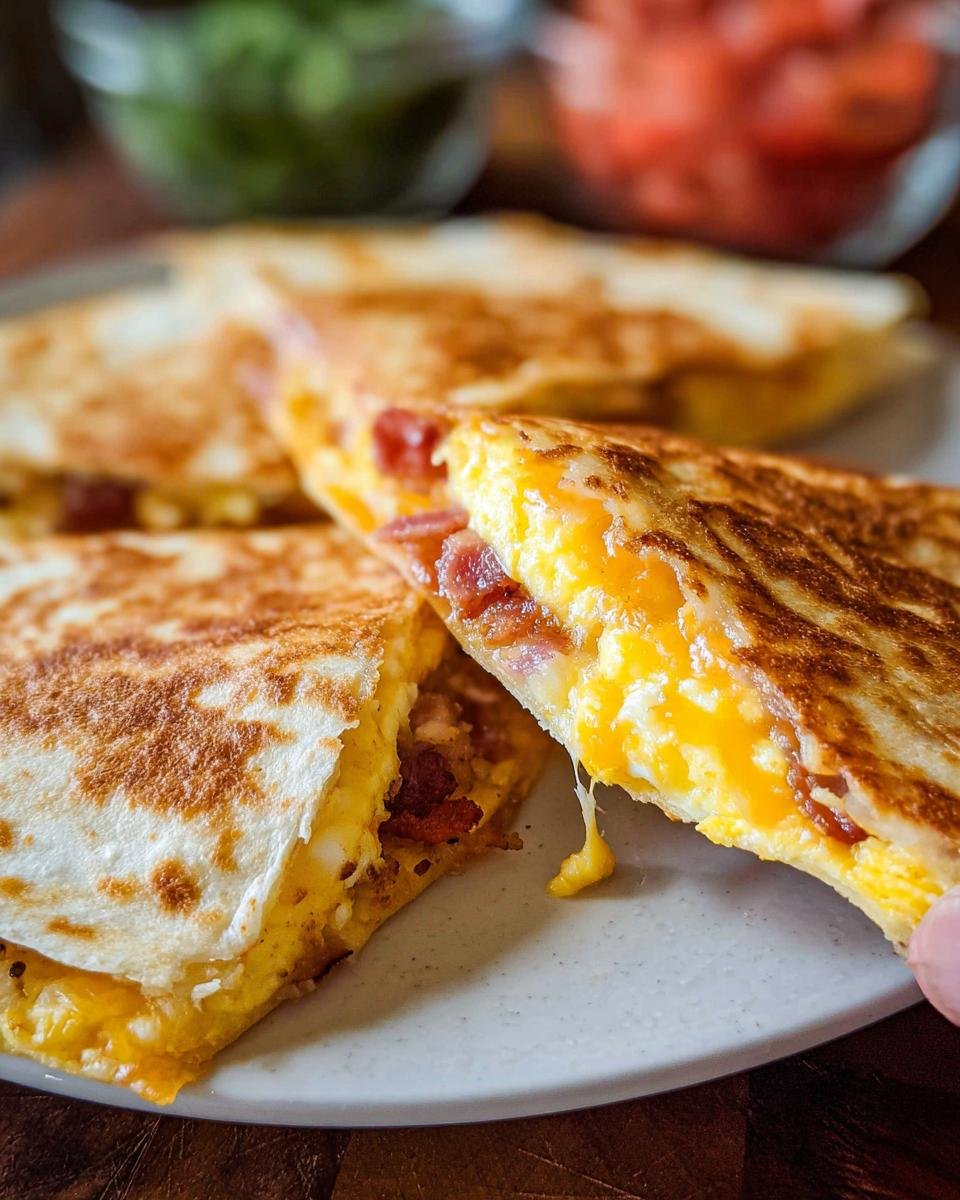 Close-up of Bacon Egg Cheese Breakfast Quesadillas, showing melted cheese and bacon filling.