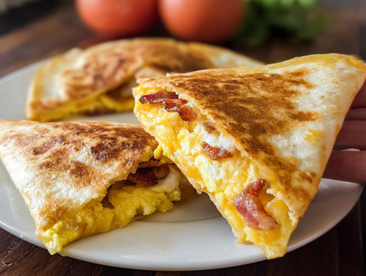 A hand holding a freshly cooked, golden-brown Bacon Egg Cheese Breakfast Quesadilla cut in half, revealing scrambled eggs and bacon.