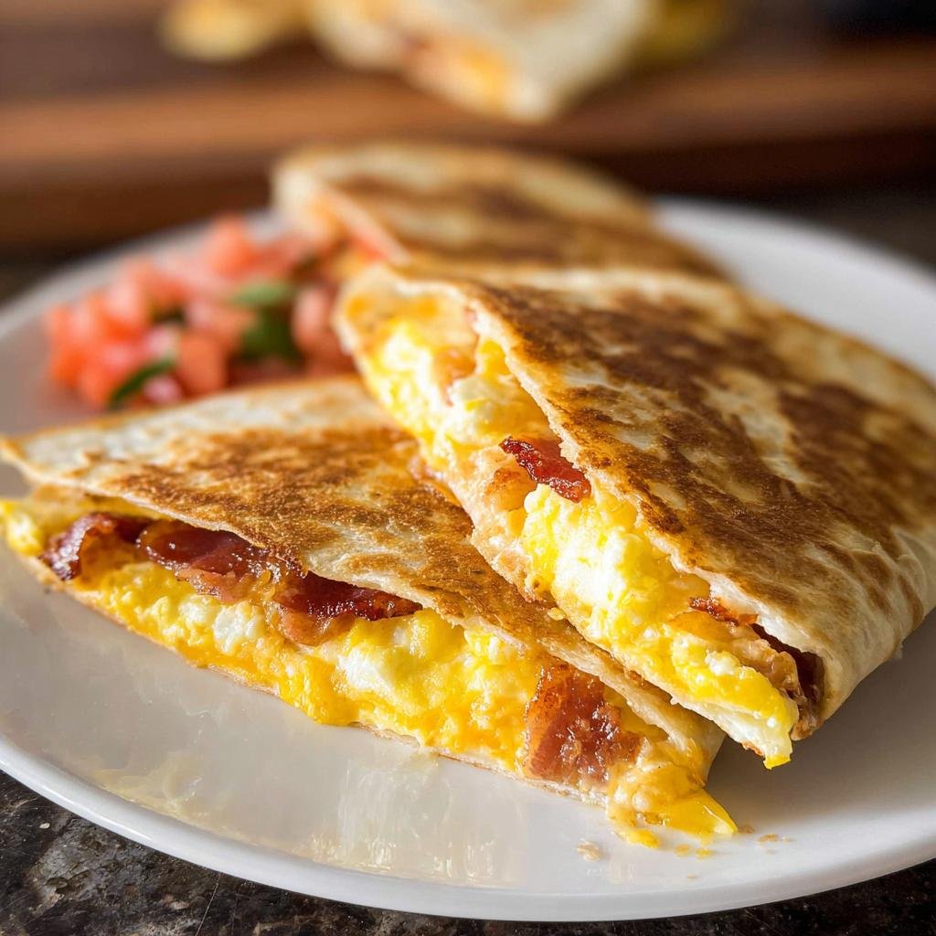 Close-up of golden brown Bacon Egg Cheese Breakfast Quesadillas stuffed with scrambled eggs and bacon.