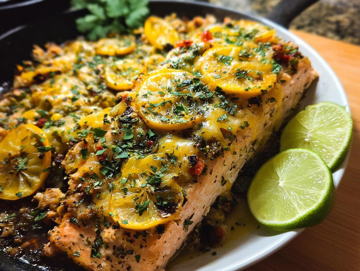 Close-up of a baked salmon fillet topped with lemon slices and herbs, served alongside lime wedges, as an example of a Healthy Chicken Dinner Recipes Everyone Loves.