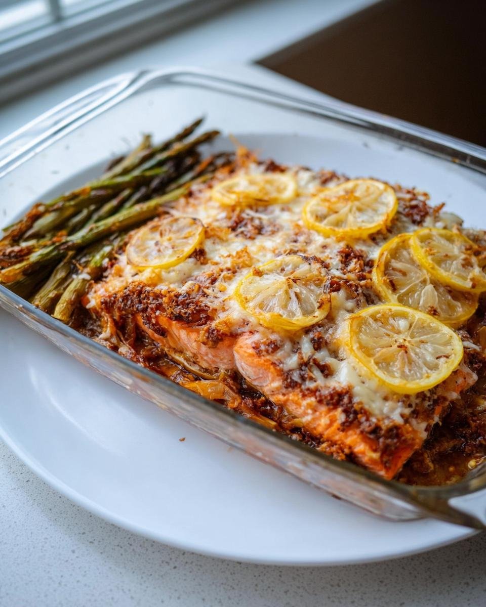 A baked salmon fillet topped with melted cheese and lemon slices, served with roasted asparagus, a great Healthy Comfort Food for Dinner.
