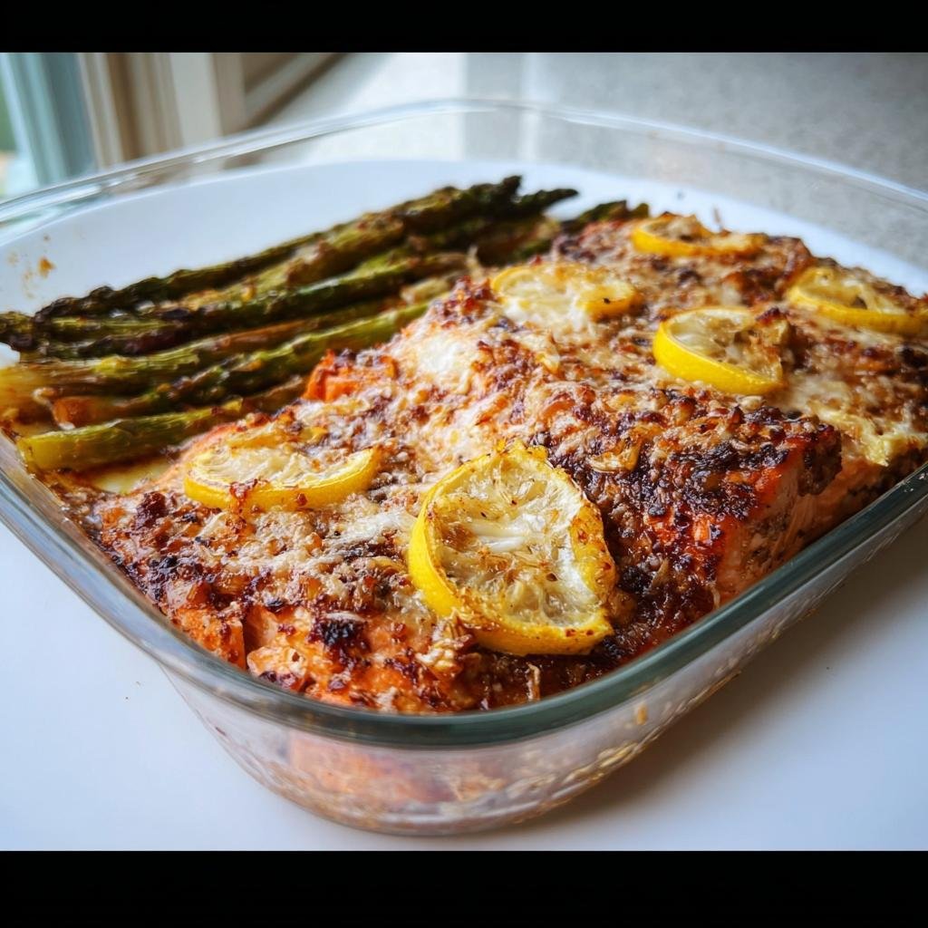 Baked salmon topped with melted cheese and lemon slices, served with roasted asparagus, a great Healthy Comfort Food for Dinner.