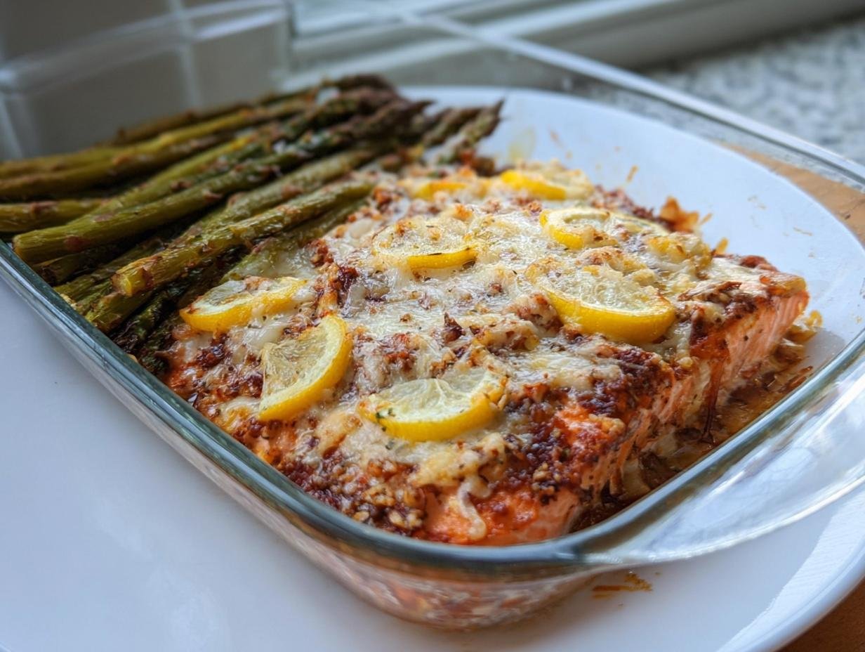 Baked salmon topped with melted cheese and lemon slices, served alongside roasted asparagus, perfect for healthy comfort food for dinner.