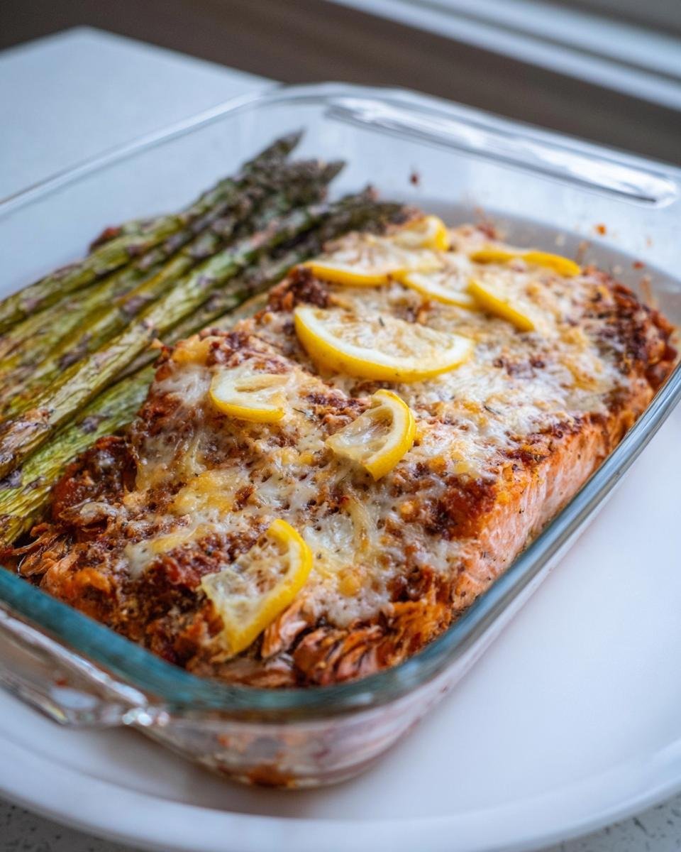 Baked salmon topped with melted cheese and lemon slices, served with roasted asparagus, a quick Healthy Comfort Food for Dinner.