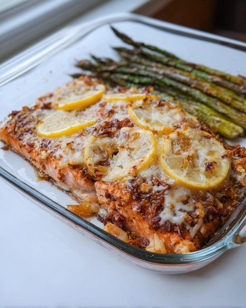 Baked salmon topped with melted cheese, lemon slices, and a crust, served with roasted asparagus, a great Healthy Comfort Food for Dinner.