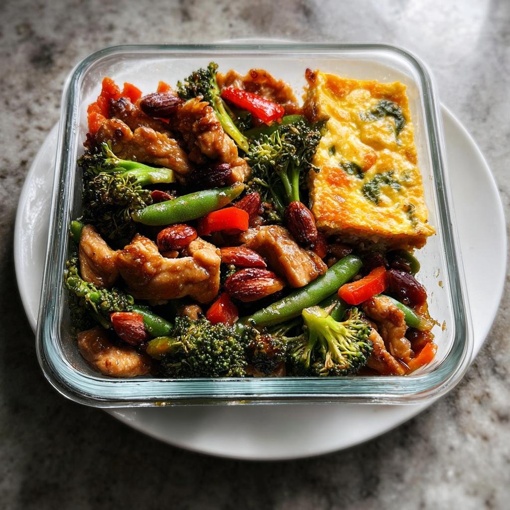 Glass container holding a balanced meal with stir-fried chicken, broccoli, almonds, and a slice of baked egg dish.