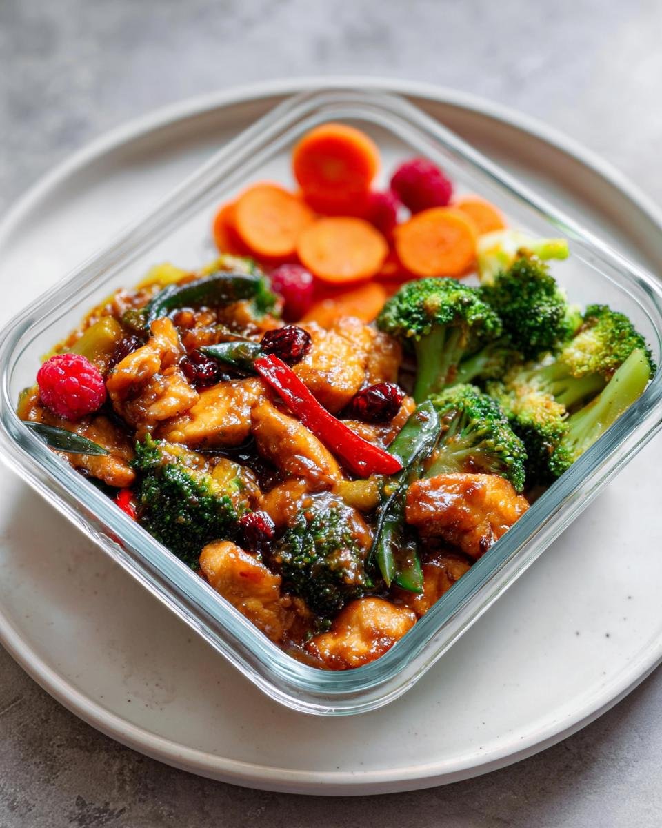 Glass container holding a balanced meal of glazed chicken, broccoli, carrots, and raspberries.