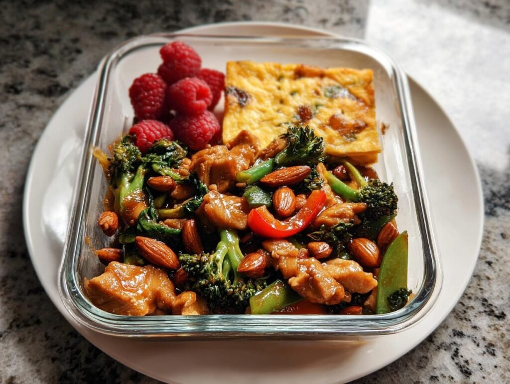 A glass container showing a portion of chicken and broccoli stir-fry with almonds, a slice of egg bake, and fresh raspberries, illustrating Balanced Meals for a Healthy Lifestyle.