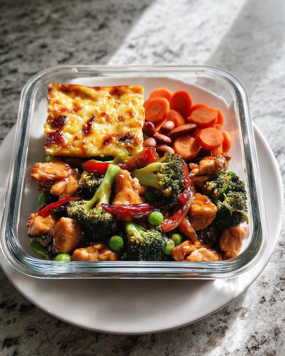 Glass container showing a balanced meal prep with chicken stir-fry, baked egg/casserole square, carrots, and nuts.
