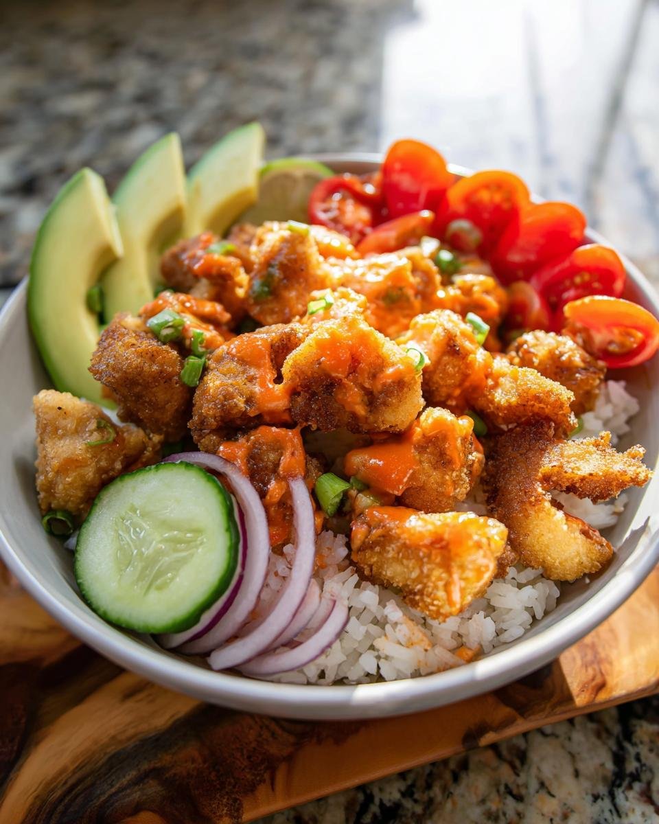 Close-up of a Bang Bang Chicken Bowl with crispy chicken, rice, avocado, and fresh vegetables.