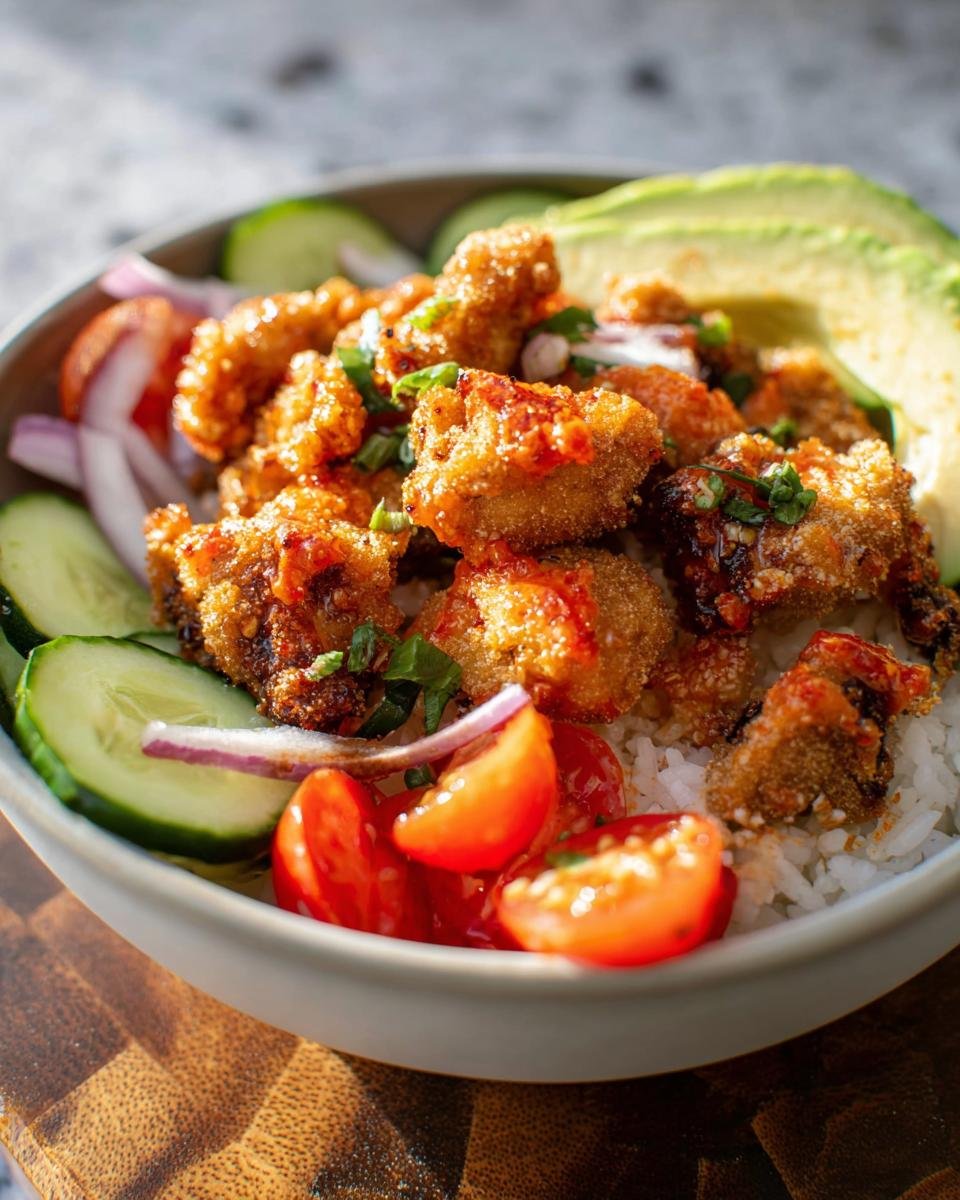 Close-up of a Bang Bang Chicken Bowl with crispy chicken, rice, avocado, tomatoes, and cucumbers.