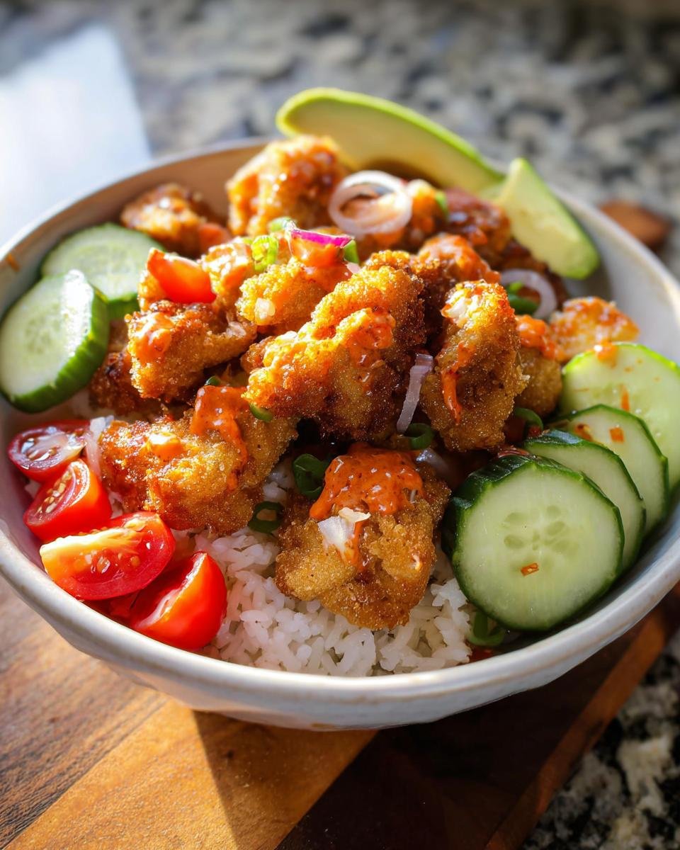 A close-up of a Bang Bang Chicken Bowl featuring crispy chicken over rice, topped with sauce, cucumbers, tomatoes, and avocado.