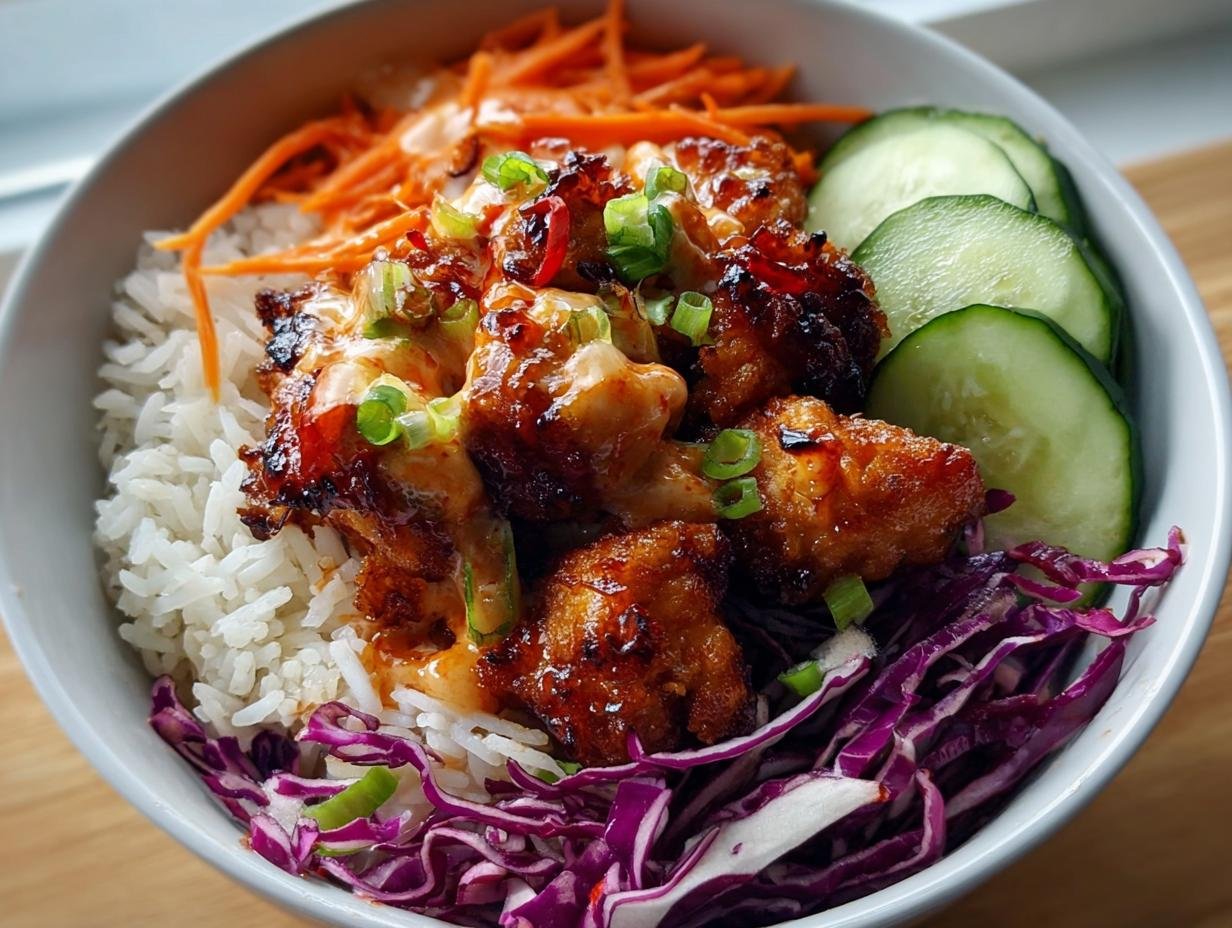 Close-up of a Bang Bang Chicken Bowl featuring crispy chicken pieces drizzled with sauce over white rice, topped with shredded carrots, cucumber slices, and red cabbage.