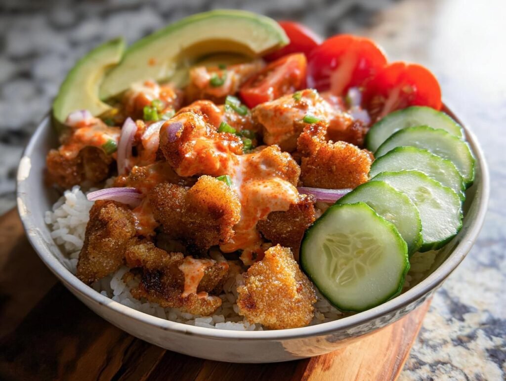 A close-up of a Bang Bang Chicken Bowl served over rice with sliced cucumbers, avocado, and tomatoes.