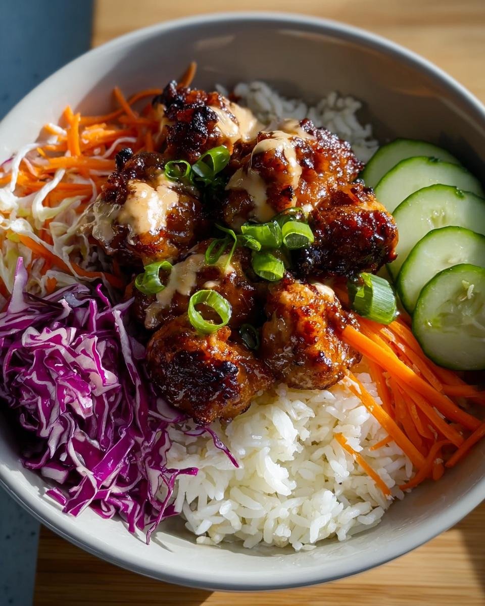Close-up of a Bang Bang Chicken Bowl featuring crispy chicken, white rice, shredded carrots, red cabbage, and cucumber slices.