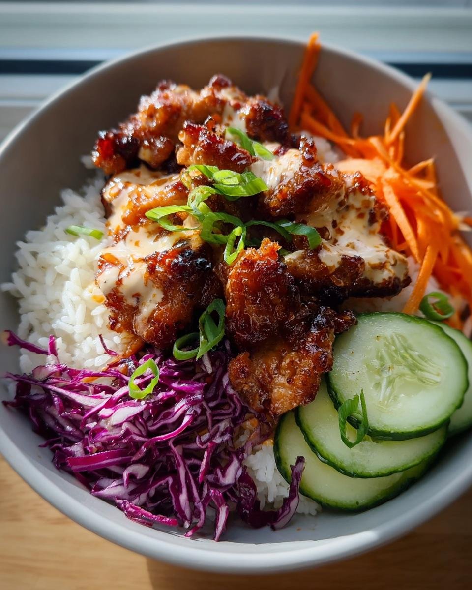 A vibrant Bang Bang Chicken Bowl featuring crispy chicken, white rice, shredded red cabbage, sliced cucumbers, and carrots.