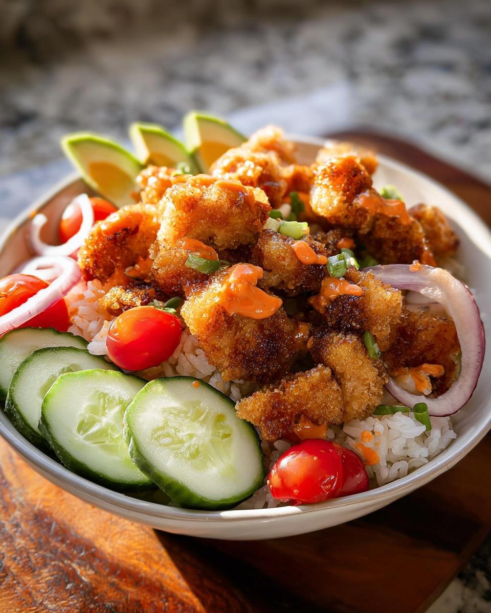 A close-up of a Bang Bang Chicken Bowl featuring crispy chicken, rice, sliced cucumbers, tomatoes, and avocado.